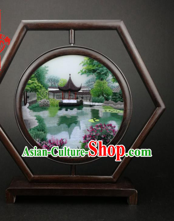 China Wenge Hexagon Table Screen Handmade Embroidery Mid Lake Pavilion Desk Screen Traditional Furniture