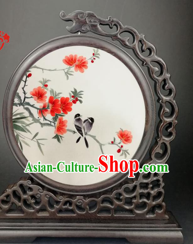 China Handmade Wenge Carving Dragon Table Screen Traditional Embroidery Begonia Desk Screen
