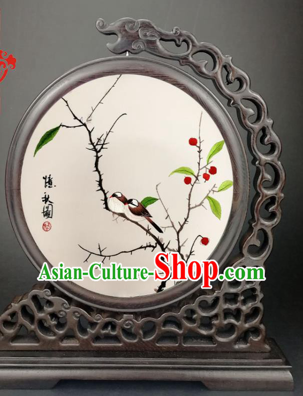 China Handmade Wenge Panel Screen Traditional Embroidery Autumnal Scenery Table Screen