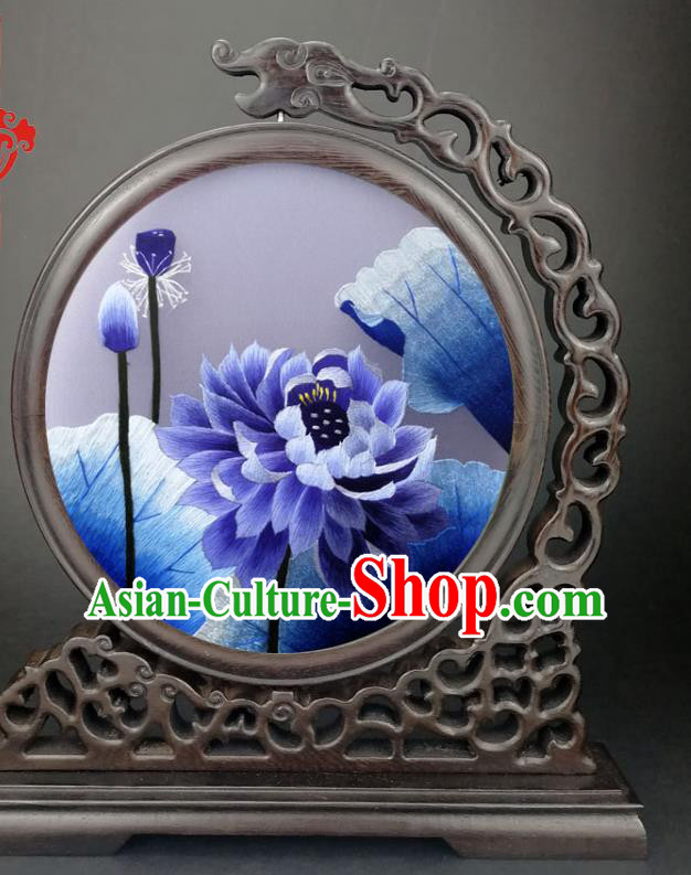 China Handmade Wenge Screen Gifts Panel Traditional Suzhou Embroidery Blue Lotus Table Screen