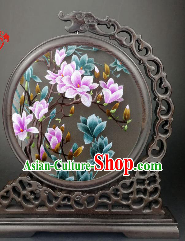 Chinese Traditional Wenge Screen Suzhou Embroidered Mangnolia Table Screen