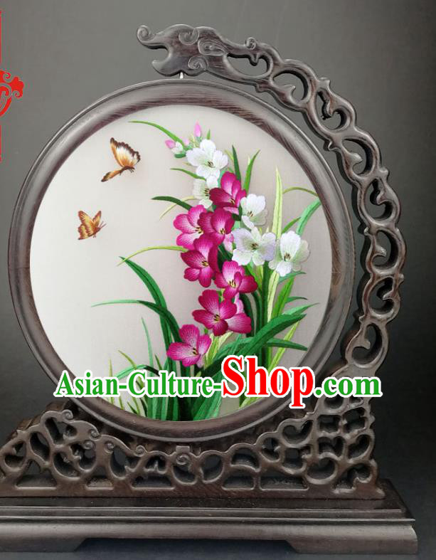 Chinese Traditional Suzhou Embroidered Orchids Table Screen Handmade Wenge Screen