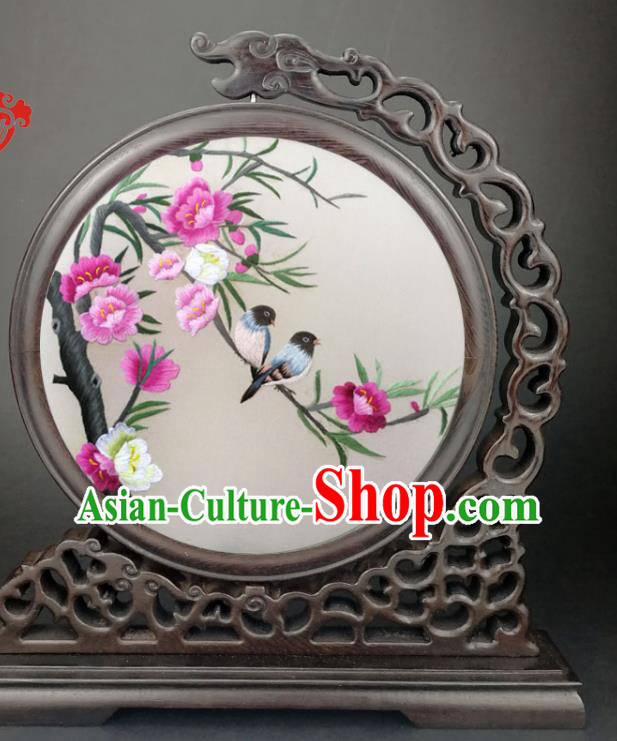Chinese Suzhou Embroidered Begonia Desk Decorative Screen Traditional Wenge Table Top Screen