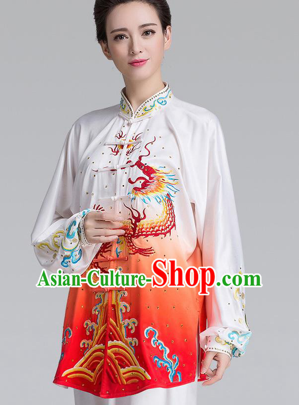 China Traditional Martial Arts Embroidered Dragon Gradient Red Uniforms Woman Kung Fu Tai Chi Clothing