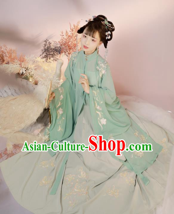 China Traditional Ming Dynasty Noble Lady Historical Clothing Ancient Young Beauty Green Hanfu Dress Costumes