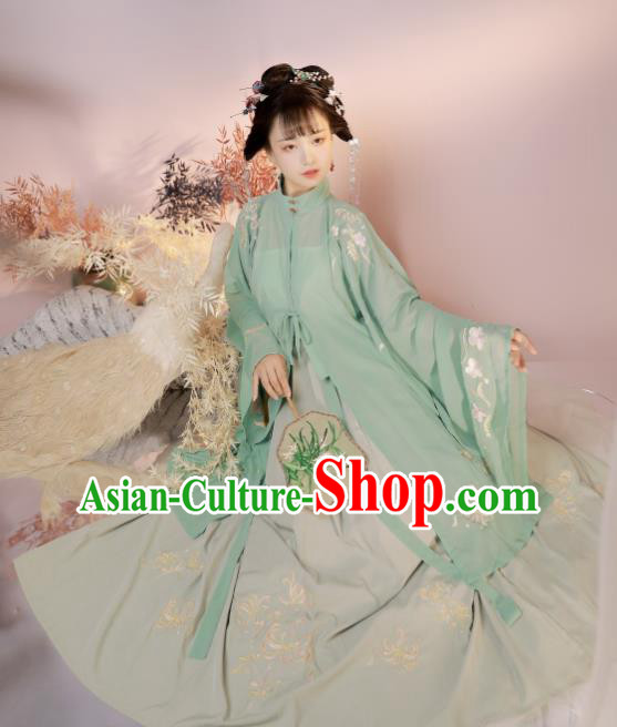 China Traditional Ming Dynasty Noble Lady Historical Clothing Ancient Young Beauty Green Hanfu Dress Costumes