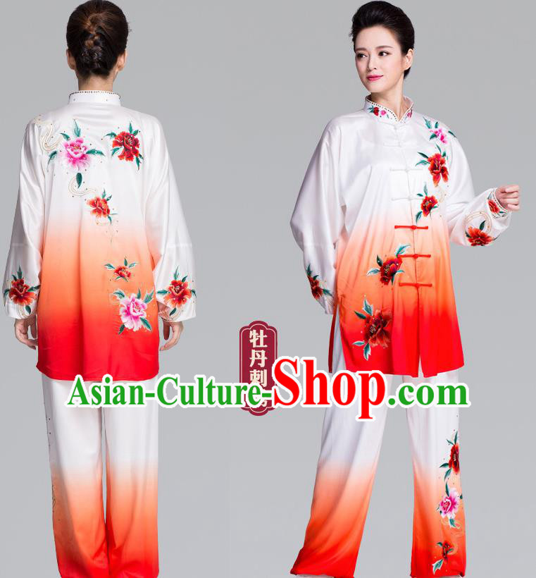 China Kung Fu Competition Clothing Traditional Martial Arts Embroidered Peony Gradient Red Uniforms