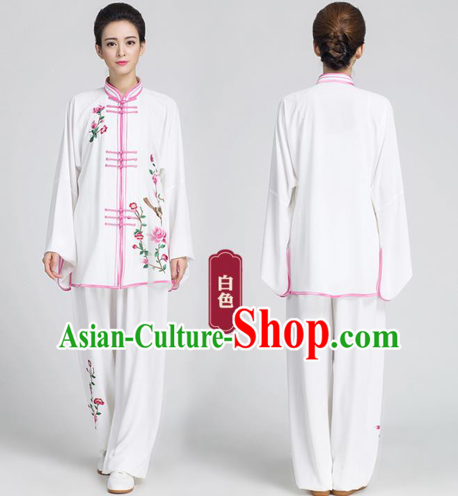 China Tai Chi Competition Costume Traditional Kung Fu Embroidered Flowers White Outfits