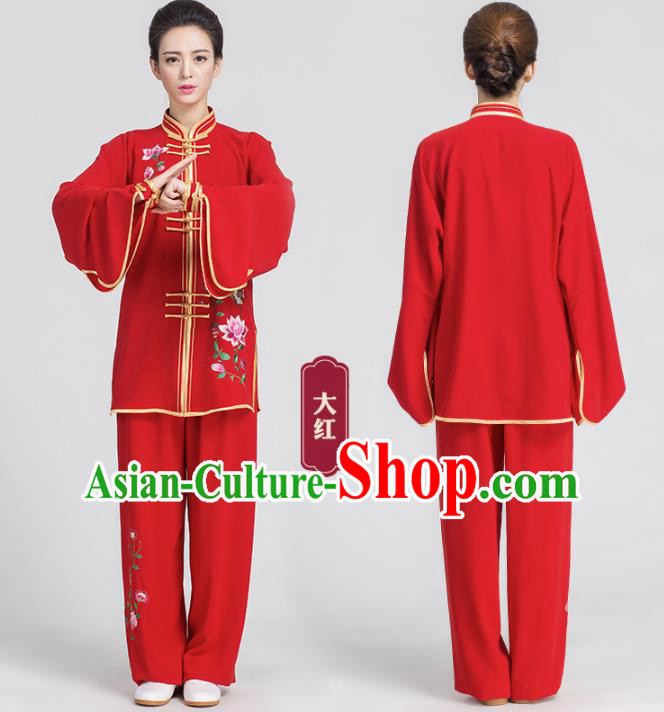 China Traditional Kung Fu Embroidered Flowers Red Outfits Tai Chi Competition Costume