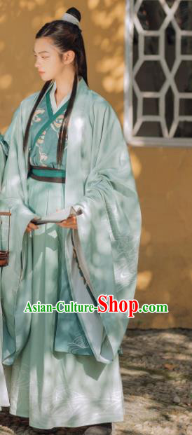 China Ancient Young Swordsman Embroidered Costumes Traditional Jin Dynasty Scholar Green Hanfu Clothing