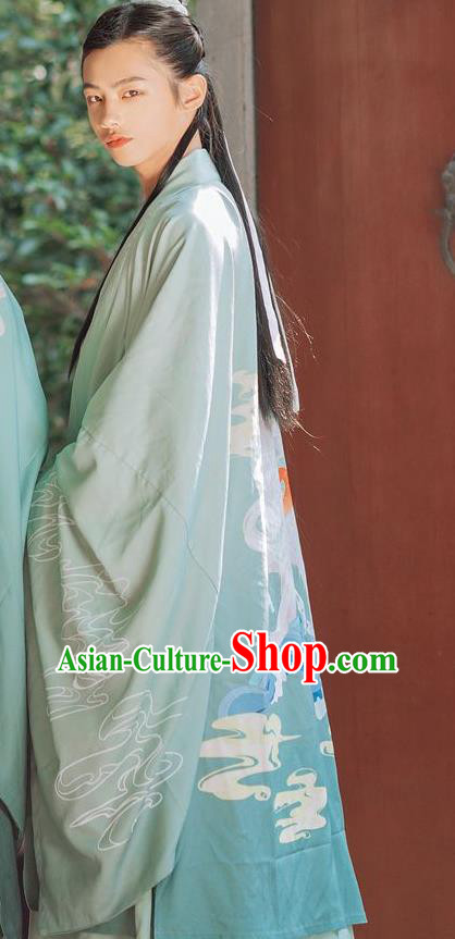 China Ancient Young Swordsman Embroidered Costumes Traditional Jin Dynasty Scholar Green Hanfu Clothing