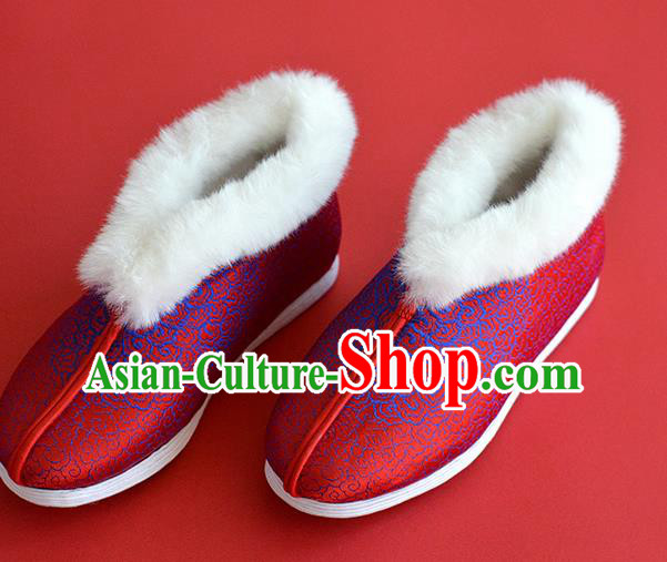 China Bride Shoes Traditional Red Satin Shoes National Cotton Padded Shoes