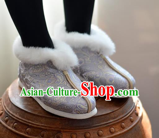 China National Winter Cotton Padded Shoes Hanfu Short Boots Traditional Lilac Brocade Shoes
