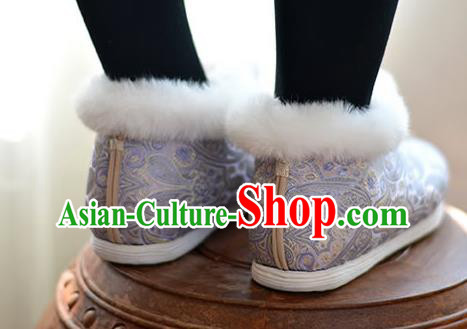 China National Winter Cotton Padded Shoes Hanfu Short Boots Traditional Lilac Brocade Shoes