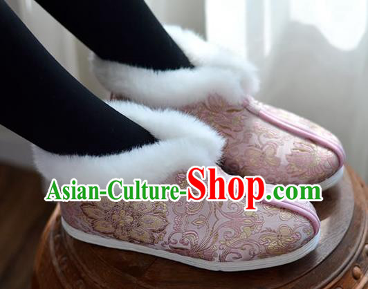 China Traditional Pink Brocade Shoes National Winter Cotton Padded Shoes Hanfu Short Boots