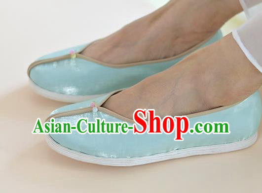 China National Shoes Traditional Hanfu Light Blue Satin Shoes Women Shoes