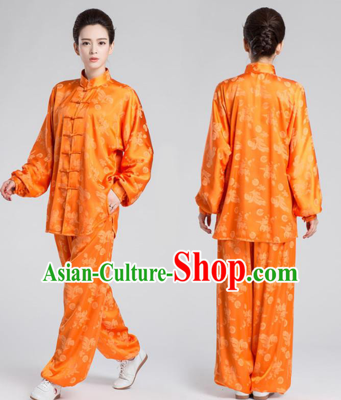 China Kung Fu Training Uniforms Traditional Martial Arts Orange Silk Apparels
