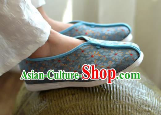 China Traditional Hanfu Shoes Blue Brocade Shoes National Women Cloth Shoes