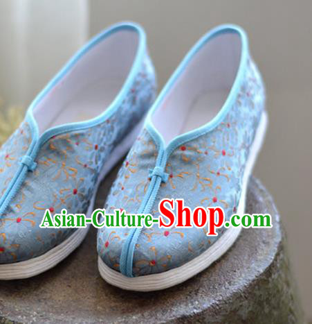 China Traditional Hanfu Shoes Blue Brocade Shoes National Women Cloth Shoes