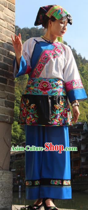 Chinese Xiangxi Hmong Ethnic Folk Dance Costumes Miao Nationality Female Informal Clothing and Hat