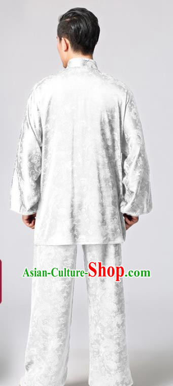 Chinese Traditional Dragon Pattern White Silk Costumes Kung Fu Uniforms for Men