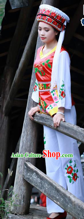 Chinese Ethnic Folk Dance Costumes Bai Nationality Young Lady Clothing and Headwear