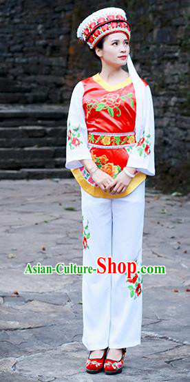 Chinese Ethnic Folk Dance Costumes Bai Nationality Young Lady Clothing and Headwear