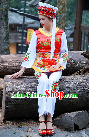 Chinese Ethnic Folk Dance Costumes Bai Nationality Young Lady Clothing and Headwear