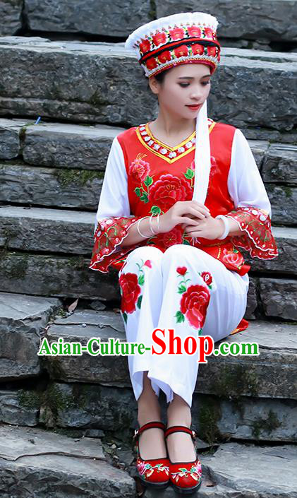 Chinese Ethnic Folk Dance Costumes Bai Nationality Young Lady Clothing and Headwear