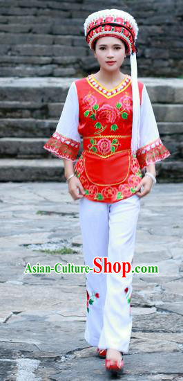 Chinese Ethnic Folk Dance Costumes Bai Nationality Young Lady Clothing and Headwear