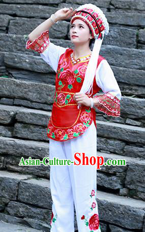 Chinese Ethnic Folk Dance Costumes Bai Nationality Young Lady Clothing and Headwear