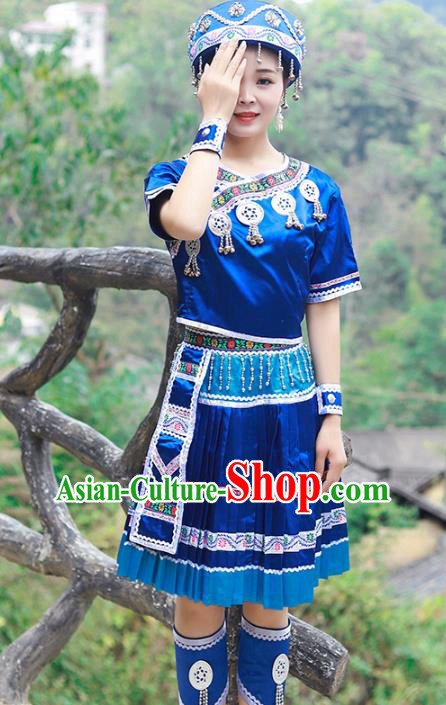 Chinese Tujia Nationality Young Lady Clothing Ethnic Folk Dance Costumes and Headdress