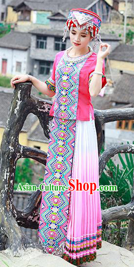 Chinese Tujia Nationality Young Woman Clothing Ethnic Folk Dance Pink Dress Outfits and Hat