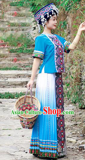Chinese Ethnic Folk Dance Blue Dress Outfits Tujia Nationality Young Woman Clothing and Headwear