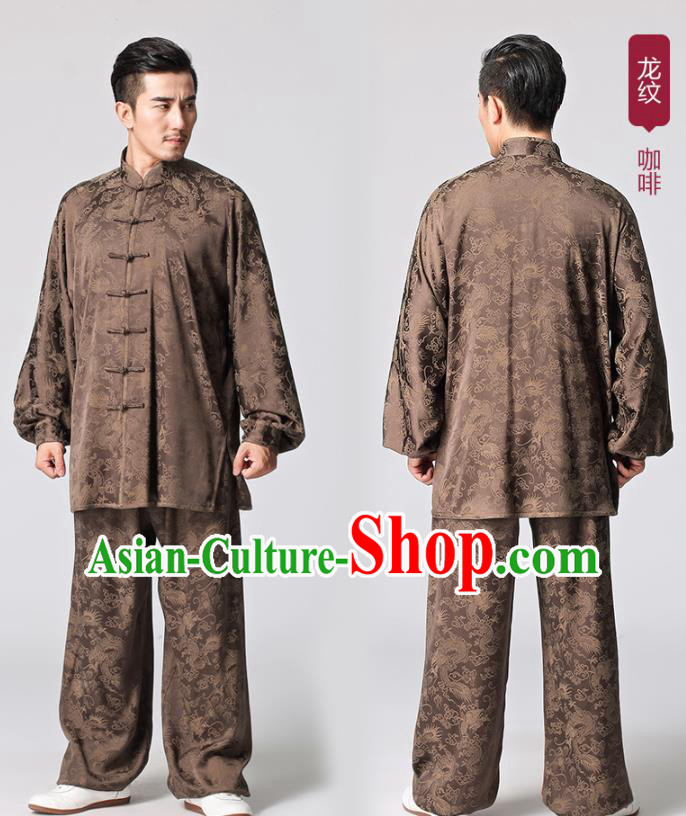Chinese Tai Chi Kung Fu Uniforms Traditional Dragon Pattern Brown Silk Costumes