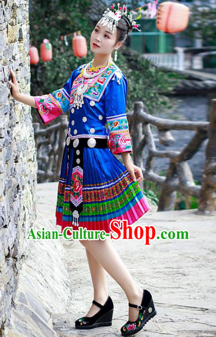 Chinese Miao Nationality Folk Dance Clothing Xiangxi Hmong Ethnic Woman Royalblue Outfits and Headdress