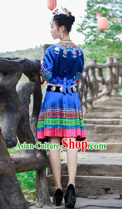 Chinese Miao Nationality Folk Dance Clothing Xiangxi Hmong Ethnic Woman Royalblue Outfits and Headdress