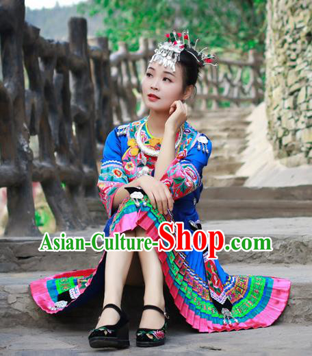 Chinese Miao Nationality Folk Dance Clothing Xiangxi Hmong Ethnic Woman Royalblue Outfits and Headdress