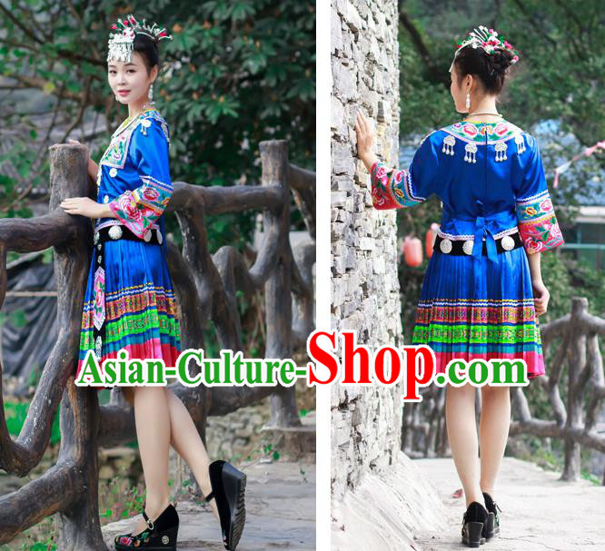 Chinese Miao Nationality Folk Dance Clothing Xiangxi Hmong Ethnic Woman Royalblue Outfits and Headdress