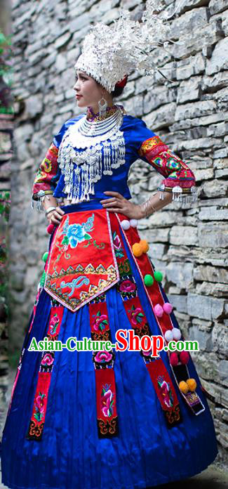 Chinese Miao Nationality Wedding Clothing Xiangxi Hmong Ethnic Bride Royalblue Outfits and Silver Hat