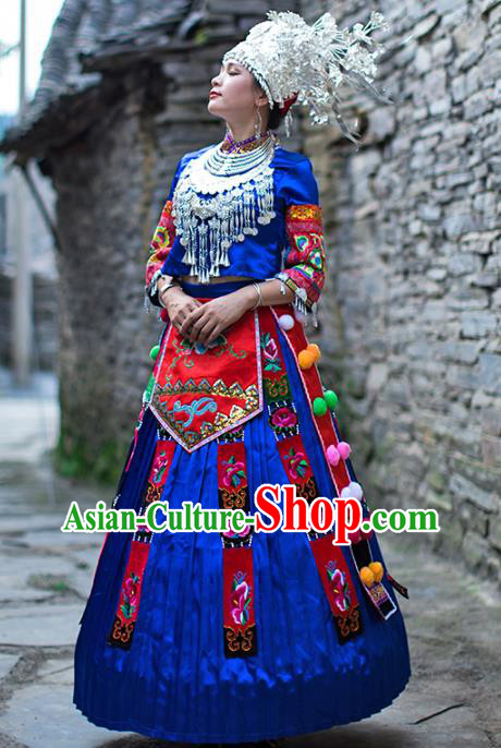 Chinese Miao Nationality Wedding Clothing Xiangxi Hmong Ethnic Bride Royalblue Outfits and Silver Hat