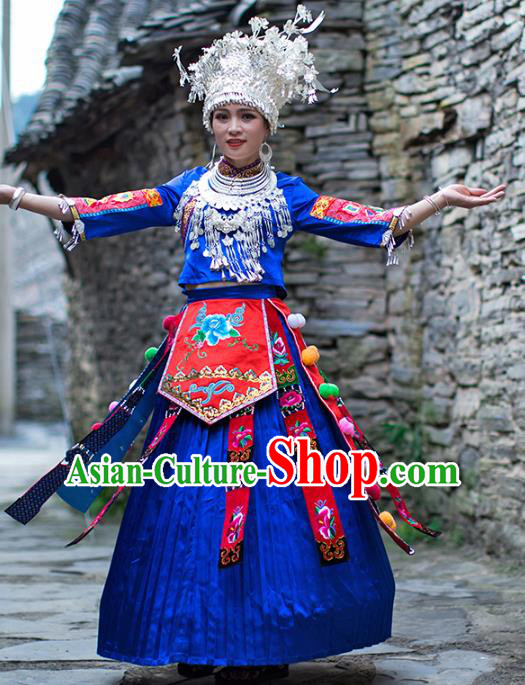 Chinese Miao Nationality Wedding Clothing Xiangxi Hmong Ethnic Bride Royalblue Outfits and Silver Hat