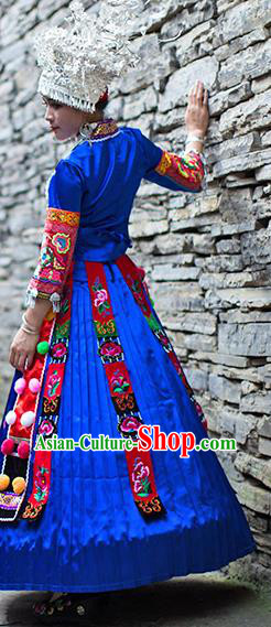 Chinese Miao Nationality Wedding Clothing Xiangxi Hmong Ethnic Bride Royalblue Outfits and Silver Hat
