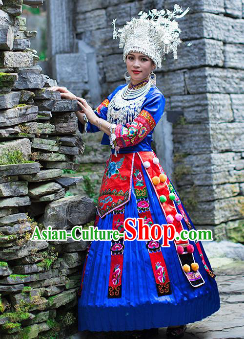 Chinese Miao Nationality Wedding Clothing Xiangxi Hmong Ethnic Bride Royalblue Outfits and Silver Hat