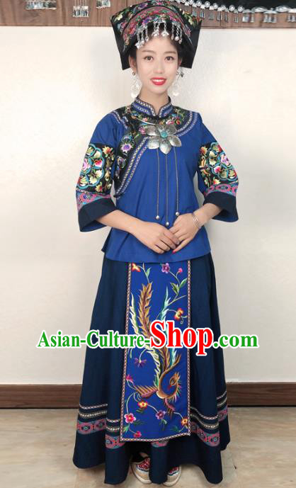 Chinese Tujia Nationality Folk Dance Dress Minority Stage Show Clothing Xiangxi Ethnic Woman Costume and Headdress