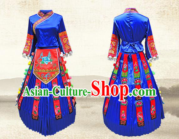 Chinese Miao Nationality Wedding Clothing Xiangxi Hmong Ethnic Bride Royalblue Outfits and Silver Hat