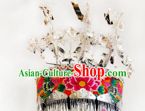 China Sichuan Ethnic Minority Silver Phoenix Coronet Traditional Miao Nationality Folk Dance Embroidered Hat