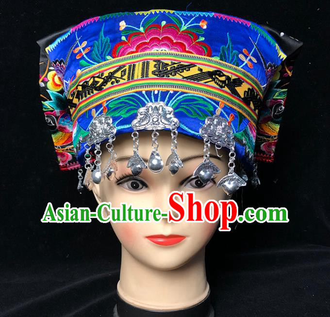 China Traditional Yi Nationality Stage Show Embroidered Blue Hat Xiangxi Tujia Ethnic Minority Woman Silver Tassel Headwear