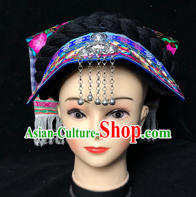 China Ethnic Minority Folk Dance Silver Bells Tassel Headwear Traditional Yi Nationality Embroidered Hat