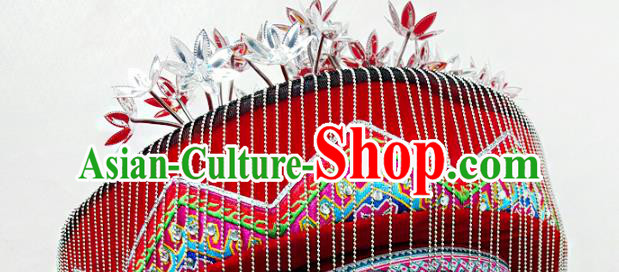 China Traditional Tujia Nationality Folk Dance Embroidered Hat Sichuan Ethnic Minority Wedding Headwear